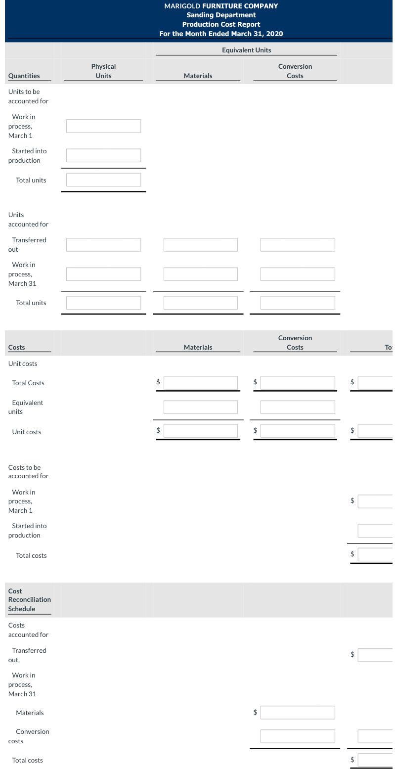 Quantities
Units to be
accounted for
Work in
process,
March 1
Started into
production
Total units
Units
accounted for
Transferred
out
Work in
process,
March 31
Total units
Costs
Unit costs
Total Costs
Equivalent
units
Unit costs
Costs to be
accounted for
Work in
process,
March 1
Started into
production
Total costs
Cost
Reconciliation
Schedule
Costs
accounted for
Transferred
out
Work in
process,
March 31
Materials
Conversion
costs
Total costs
Physical
Units
INI
Sanding Department
Production Cost Report
For the Month Ended March 31, 2020
Equivalent Units
$
MARIGOLD FURNITURE COMPANY
$
Materials
Materials
$
$
Conversion
Costs
Conversion
Costs
$
$
$
$
$
To