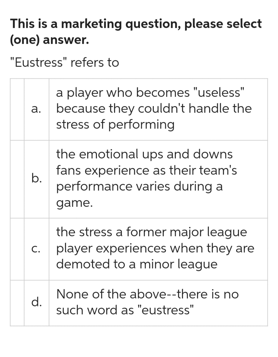 This is a marketing question, please select
(one) answer.
"Eustress" refers to
a.
b.
C.
d.
a player who becomes "useless"
because they couldn't handle the
stress of performing
the emotional ups and downs
fans experience as their team's
performance varies during a
game.
the stress a former major league
player experiences when they are
demoted to a minor league
None of the above--there is no
such word as "eustress"