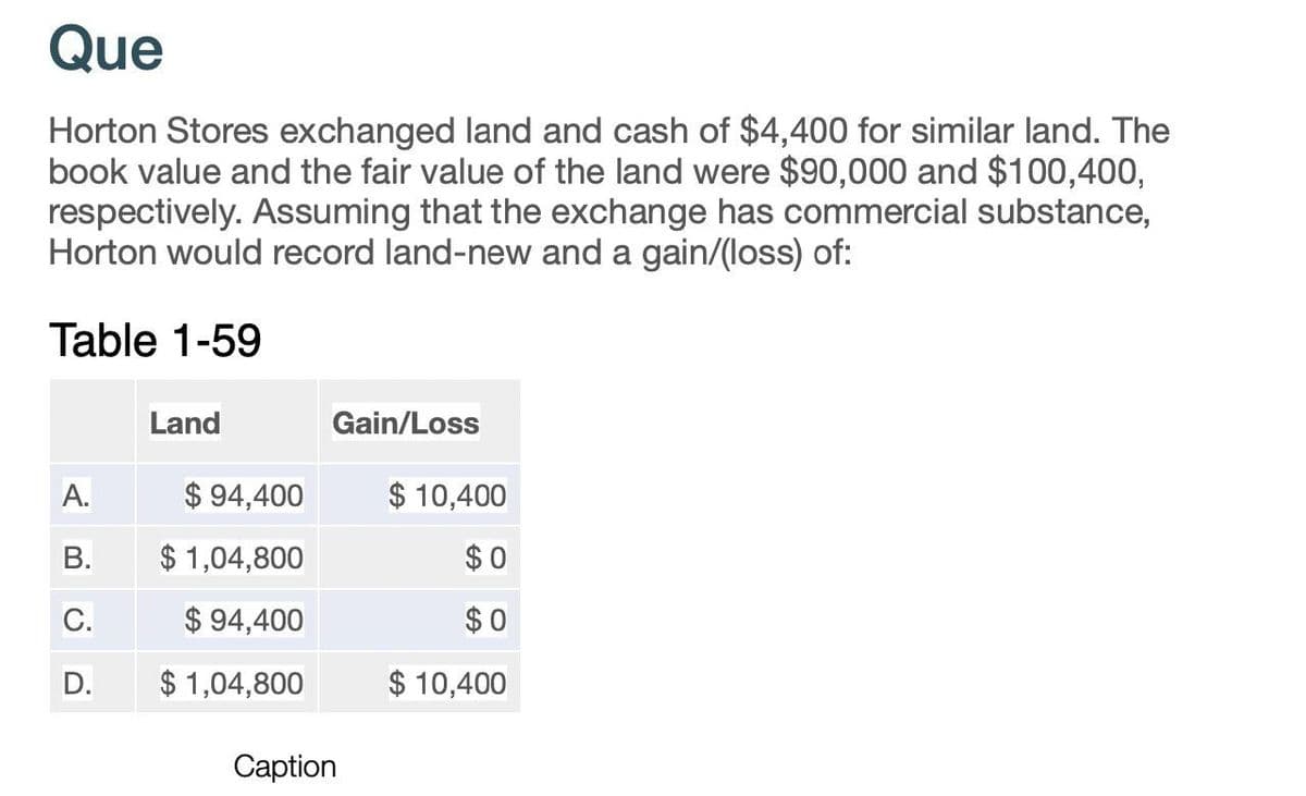 Que
Horton Stores exchanged land and cash of $4,400 for similar land. The
book value and the fair value of the land were $90,000 and $100,400,
respectively. Assuming that the exchange has commercial substance,
Horton would record land-new and a gain/(loss) of:
Table 1-59
Land
Gain/Loss
A.
$ 94,400
$ 10,400
B.
$1,04,800
$0
C.
$ 94,400
$0
D.
$1,04,800
$ 10,400
Caption