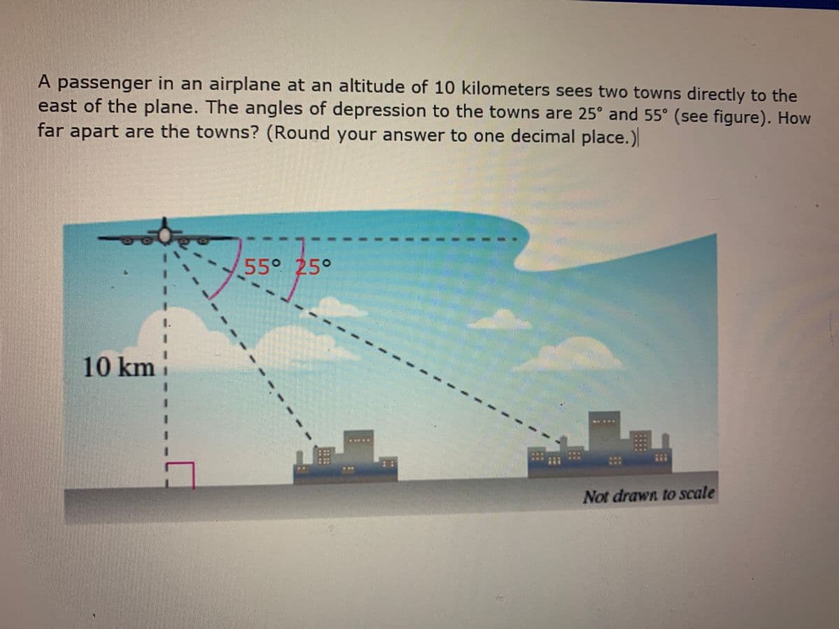 A passenger in an airplane at an altitude of 10 kilometers sees two towns directly to the
east of the plane. The angles of depression to the towns are 25° and 55° (see figure). How
far apart are the towns? (Round your answer to one decimal place.)
55° 25°
10 km
Not drawn to scale
