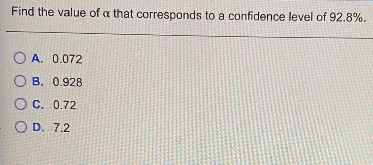 Find the value of a that corresponds to a confidence level of 92.8%.
O A. 0.072
O B. 0.928
O C. 0.72
O D. 7.2
