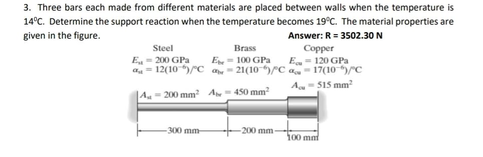 3. Three bars each made from different materials are placed between walls when the temperature is
14°C. Determine the support reaction when the temperature becomes 19°C. The material properties are
given in the figure.
Answer: R = 3502.30 N
Copper
E = 120 GPa
ag = 12(10¬°)/°C _abr= 21(10-6)/ºC au= 17(10-6)/°C
Acu= 515 mm²
Steel
Brass
E = 200 GPa
Epr = 100 GPa
|Ag = 200 mm² Abr= 450 mm²
300 mm-
200 mm
100 mm

