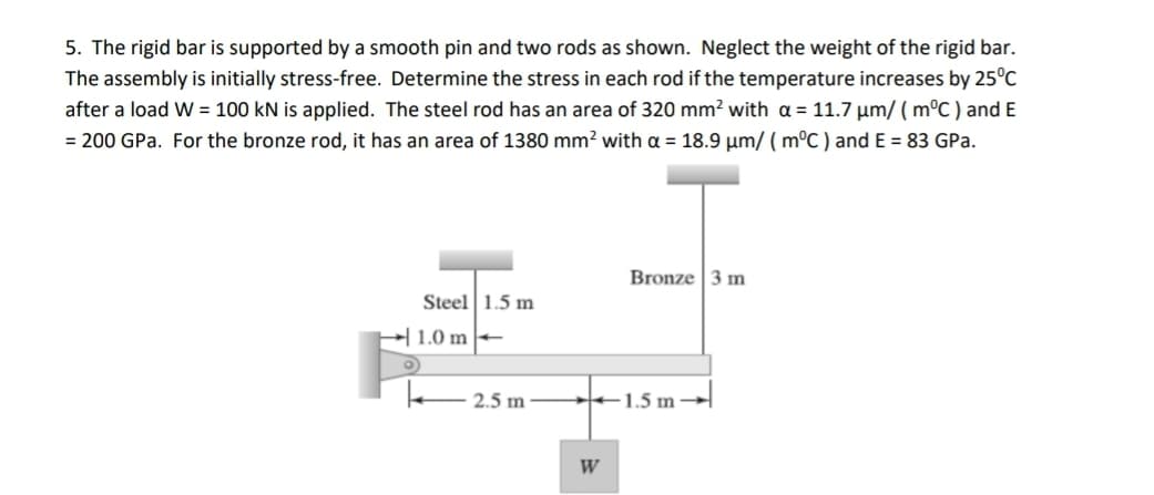 5. The rigid bar is supported by a smooth pin and two rods as shown. Neglect the weight of the rigid bar.
The assembly is initially stress-free. Determine the stress in each rod if the temperature increases by 25°C
after a load W = 100 kN is applied. The steel rod has an area of 320 mm? with a = 11.7 µm/ ( m°C ) and E
= 200 GPa. For the bronze rod, it has an area of 1380 mm² with a = 18.9 µm/ ( mºC ) and E = 83 GPa.
Bronze 3 m
Steel 1.5 m
1.0 m -
2.5 m
+1.5 m
