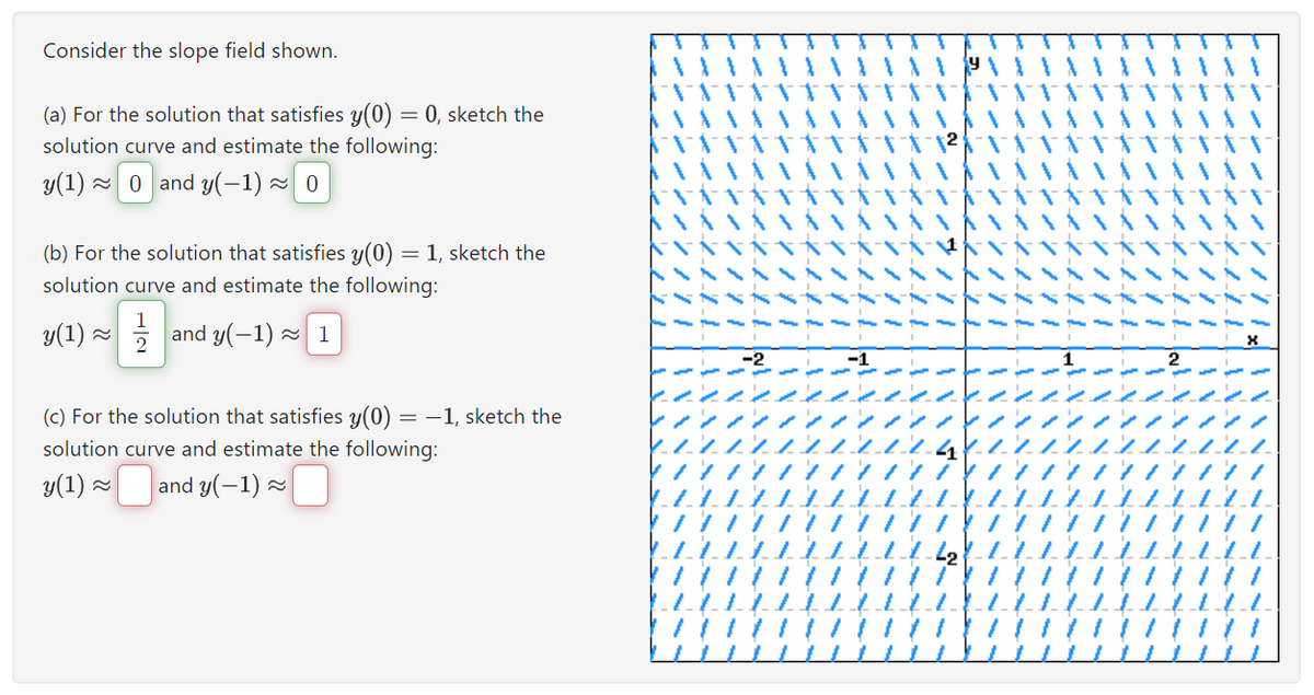 Consider the slope field shown.
(a) For the solution that satisfies y(0) = 0, sketch the
solution curve and estimate the following:
y(1) 0 and y(-1) ≈ 0
(b) For the solution that satisfies y(0) = 1, sketch the
solution curve and estimate the following:
y(1) ~
and y(-1) 1
(c) For the solution that satisfies y(0) = -1, sketch the
solution curve and estimate the following:
y(1) ≈ and y(−1) ≈
1
17/11