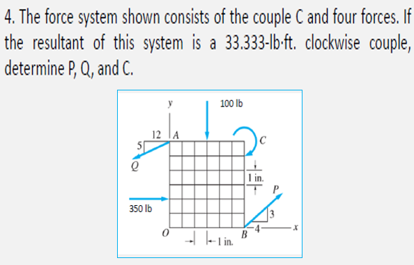 4. The force system shown consists of the couple C and four forces. If
the resultant of this system is a 33.333-lb-ft. clockwise couple,
determine P, Q, and C.
y
100 lb
12 lA
I in.
P
350 lb
- - Lin.
B
