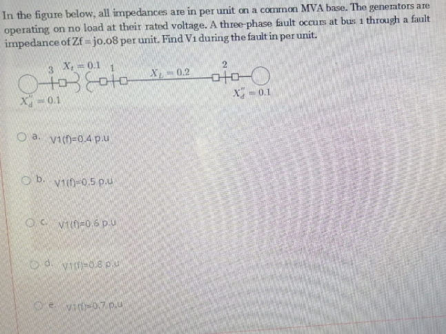 In the figure below, all impedances are in per unit on a common MVA base. The generators are
operating on no load at their rated voltage. A three-phase fault occurs at bus 1 through a fault
impedance of Zf = jo.o8 per unit. Find Vi during the fault in per unit.
X, = 0.1
Ooto
X 0.1
X =0.2
X-0.1
O a. vi(n=0.4 p.u
O b. vif)=0.5 p.u
OC V1(0=0.6 pu
VI=0.7 p.u
