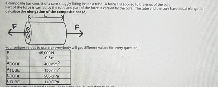 A composite bar consist of a core snuggly fitting inside a tube. A force F is applied to the ends of the bar.
Part of the force is carried by the tube and part of the force is carried by the core. The tube and the core have equal elongation.
Calculate the elongation of the composite bar (8).
L
→
F
15
Your unique values to use are (everybody will get different values for every question):
F
45,000 N
L
0.8 m
400 mm²
150 mm²
205 GPa
140 GPa
ACORE
ATUBE
ECORE
ETUBE
Your mi
he haced entirely on t
+ from holow