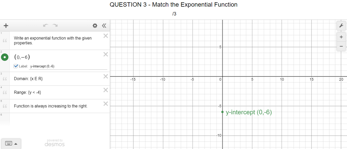 QUESTION 3 - Match the Exponential Function
13
+
1
Write an exponential function with the given
properties.
-5
(0,-6)
V Label: y-intercept (0,-6)
3
Domain: {x E R}
-15
-10
-5
10
15
20
4
Range: {y < -4}
Function is always increasing to the right.
-5-
y-intercept (0,-6)
-10-
powered by
desmos
+
