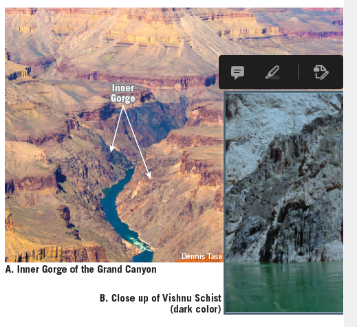 Inner
Gorge
Dennis Tasa
A. Inner Gorge of the Grand Canyon
B. Close up of Vishnu Schist
(dark color)
