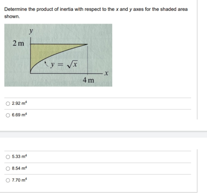 Determine the product of inertia with respect to the x and y axes for the shaded area
shown.
y
2 m
y = JF
4 m
2.92 m
6.69 m
5.33 m*
8.54 m4
O 7.70 m
