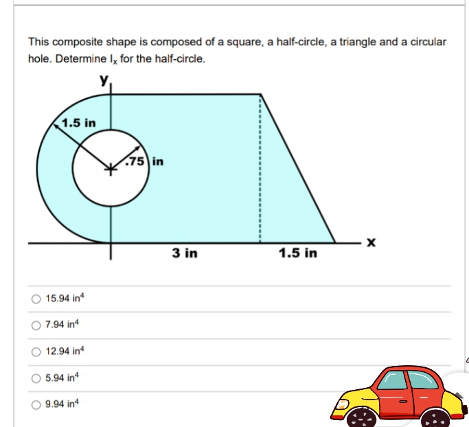 This composite shape is composed of a square, a half-circle, a triangle and a circular
hole. Determine Iy for the half-circle.
1.5 in
75 in
3 in
1.5 in
15.94 in
O 7.94 in
12.94 in
5.94 in
9.94 in*
