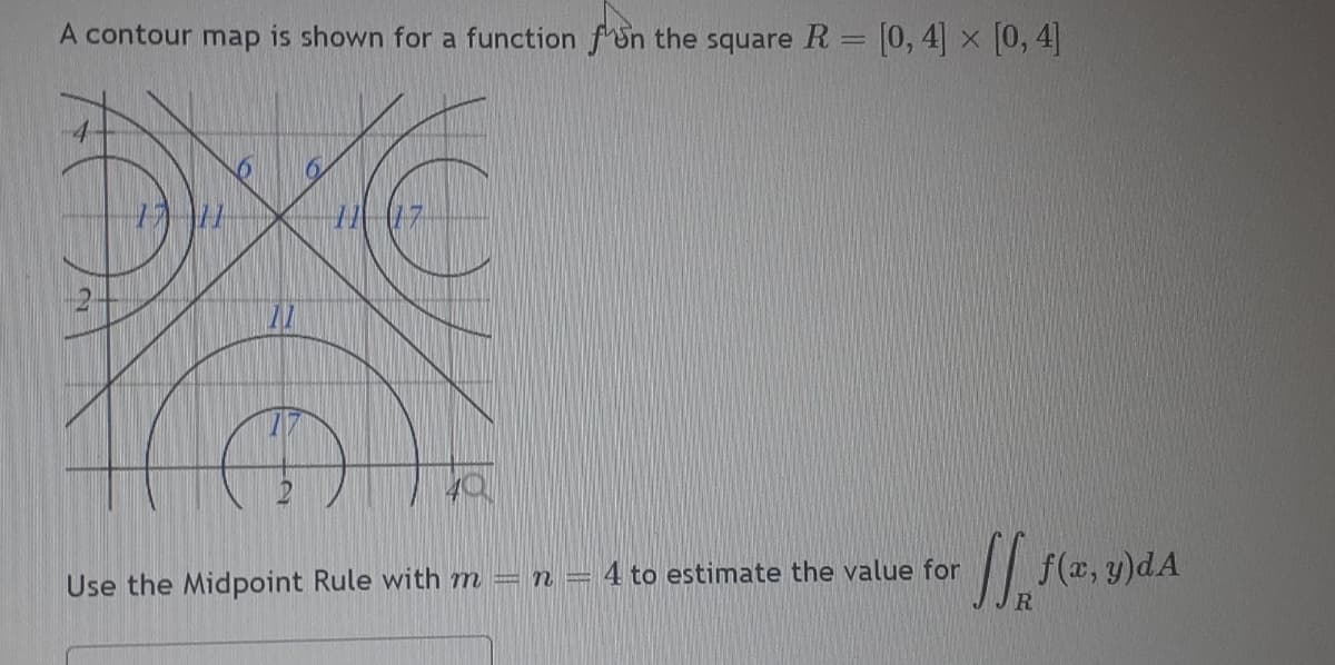 A contour map is shown for a function fSn the square R = [0, 4] x [0, 4||
%3D
Use the Midpoint Rule with m = n = 4 to estimate the value for
f(x, y)dA
