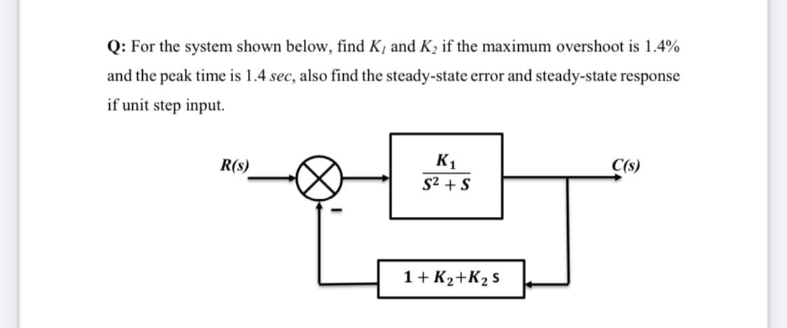 Q: For the system shown below, find K, and K2 if the maximum overshoot is 1.4%
and the peak time is 1.4 sec, also find the steady-state error and steady-state response
if unit step input.
K1
S2 + S
R(s)
C(s)
1+ K2+K2 S
