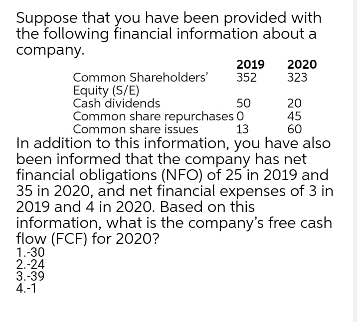 Suppose that you have been provided with
the following financial information about a
company.
2019
352
2020
323
Common Shareholders'
Equity (S/E)
Cash dividends
Common share repurchases 0
Common share issues
20
45
60
50
13
In addition to this information, you have also
been informed that the company has net
financial obligations (NFO) of 25 in 2019 and
35 in 2020, and net financial expenses of 3 in
2019 and 4 in 2020. Based on this
information, what is the company's free cash
flow (FCF) for 2020?
1.-30
2.-24
3.-39
4.-1
