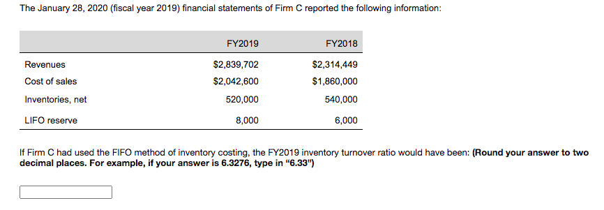 The January 28, 2020 (fiscal year 2019) financial statements of Firm C reported the following information:
FY2019
FY2018
Revenues
$2,839,702
$2,314,449
Cost of sales
$2,042,600
$1,860,000
Inventories, net
520,000
540,000
LIFO reserve
8,000
6,000
If Firm C had used the FIFO method of inventory costing, the FY2019 inventory turnover ratio would have been: (Round your answer to two
decimal places. For example, if your answer is 6.3276, type in “6.33")
