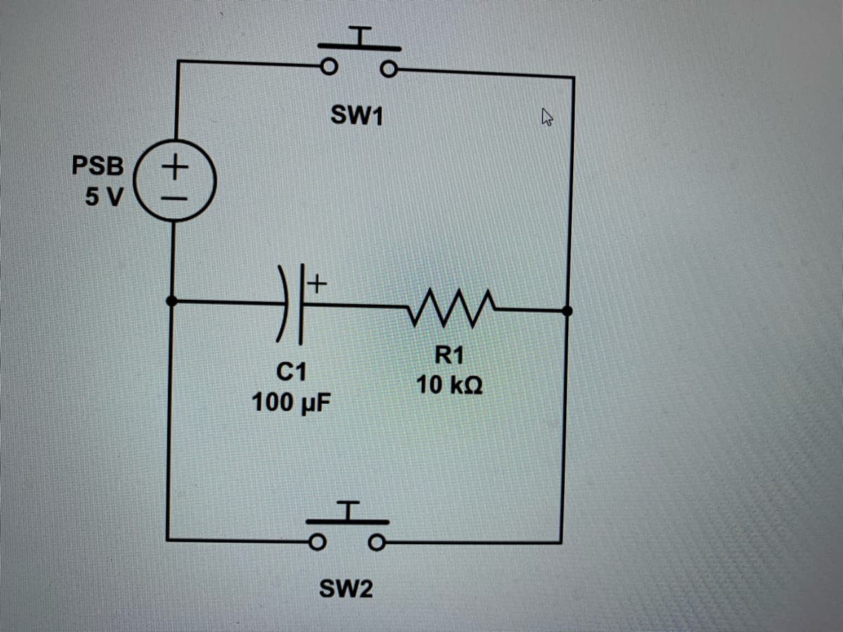 **Title: Understanding an RC Circuit with Switches**

**Introduction**
In this educational lesson, we will explore a basic RC (Resistor-Capacitor) circuit. The circuit diagram provided demonstrates the integration of a power supply, capacitor, resistor, and two switches, enabling students to understand the charge and discharge cycles of the capacitor within the circuit.

**Components in the Circuit**
1. **Power Supply (PSB)**: A 5V DC power supply.
2. **Capacitor (C1)**: A 100 µF capacitor.
3. **Resistor (R1)**: A 10 kΩ resistor.
4. **Switches (SW1 and SW2)**: Two switches, SW1 and SW2, are included for controlling the circuit pathways.

**Description of the Circuit Diagram**

- **PSB 5 V**: 
  - This is the power supply providing a constant voltage of 5V.
- **SW1 and SW2**:
  - There are two switches in the circuit, denoted as SW1 and SW2.
- **C1 (100 µF)**:
  - This represents a capacitor with a capacitance of 100 microfarads.
- **R1 (10 kΩ)**:
  - This represents a resistor with a resistance of 10 kilo-ohms.

**Circuit Operation**
- **Charging Cycle (with SW1 closed)**:
  - When switch SW1 is closed and SW2 is open, the circuit allows current to flow from the power supply through the capacitor (C1). The capacitor begins to charge to the voltage provided by the power supply (5V). The charging current is controlled by the resistor (R1), creating a time constant (τ) given by τ = R1 * C1.

- **Discharging Cycle (with SW2 closed)**:
  - When switch SW2 is closed and SW1 is open, the path allows the capacitor to discharge through the resistor R1. The discharge will follow an exponential decay until the voltage across the capacitor reaches zero or very close to zero, depending on the time constant (τ = R1 * C1).

**Time Constant (τ)**
- The time constant (τ) is the product of the resistance (R) and capacitance (C) in the circuit:
   τ = R1 * C1
   τ = 10 kΩ * 100 µF 
   τ = 10