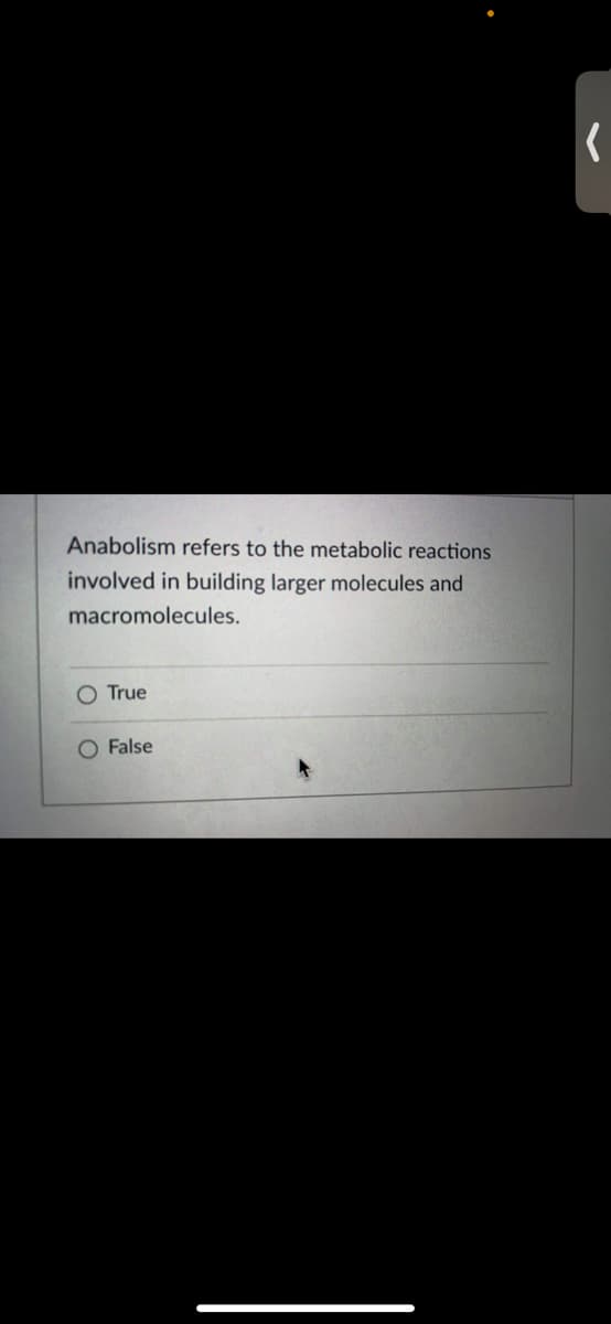 **Understanding Anabolism in Metabolic Reactions**

Anabolism refers to the metabolic reactions involved in building larger molecules and macromolecules.

**Quiz Question:**

Anabolism refers to the metabolic reactions involved in building larger molecules and macromolecules.

- [ ] True
- [ ] False