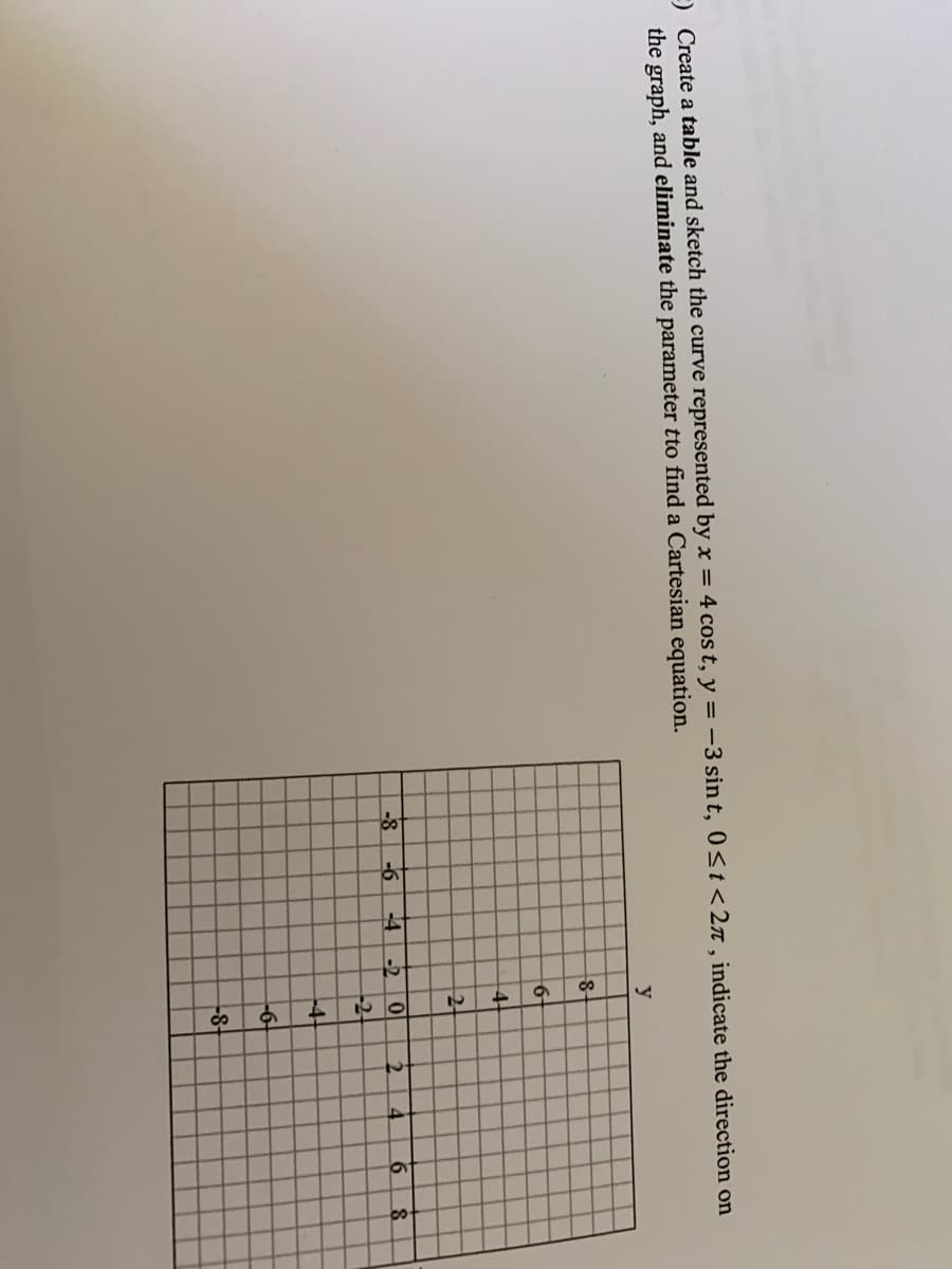 :) Create a table and sketch the curve represented by x = 4 cos t, y = –3 sin t, 0<t <2n , indicate the direction on
the graph, and eliminate the parameter tto find a Cartesian equation.
y
6-
2
-8
-6
-4
-2
-4
-6
-8-
