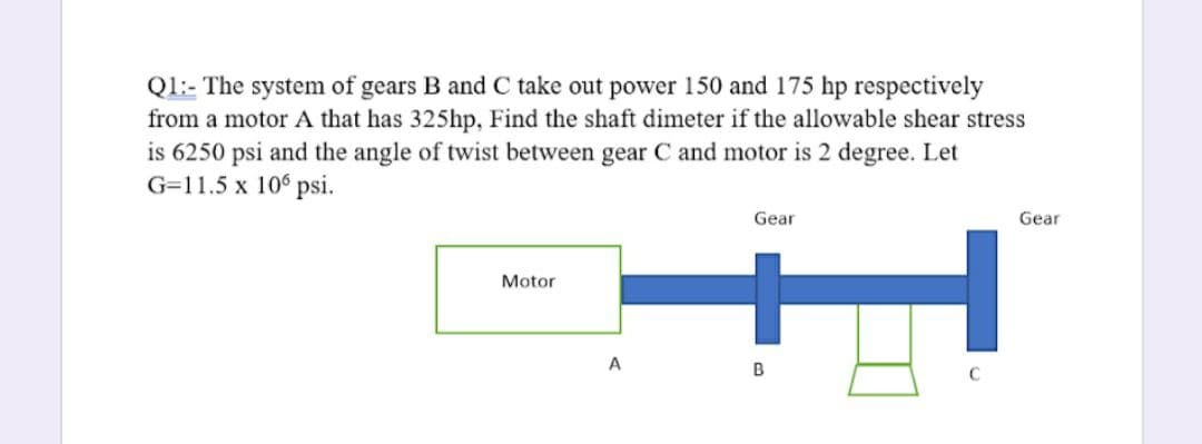 Ql:- The system of gears B and C take out power 150 and 175 hp respectively
from a motor A that has 325hp, Find the shaft dimeter if the allowable shear stress
is 6250 psi and the angle of twist between gear C and motor is 2 degree. Let
G=11.5 x 10° psi.
Gear
Gear
Motor
A
B
