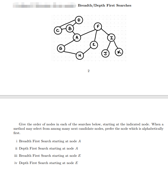 Breadth/Depth First Searches
K
Give the order of nodes in each of the searches below, starting at the indicated node. When a
method may select from among many next candidate nodes, prefer the node which is alphabetically
first.
i Breadth First Search starting at node A
ii Depth First Search starting at node A
iii Breadth First Search starting at node E
iv Depth First Search starting at node E
