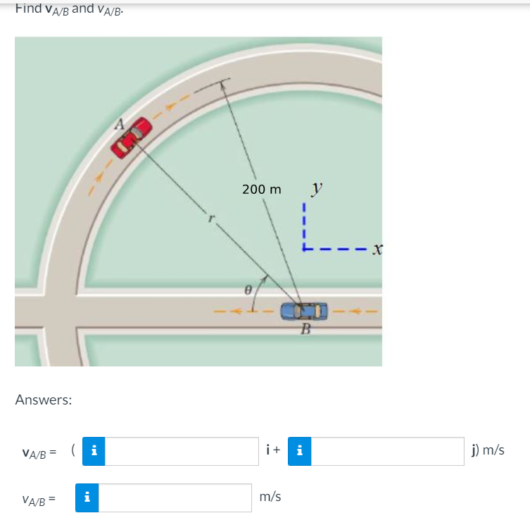 Find VA/B and VA/B-
200 m
y
-- x
B
Answers:
VA/B = ( i
i+ i
j) m/s
i
m/s
VA/B =
