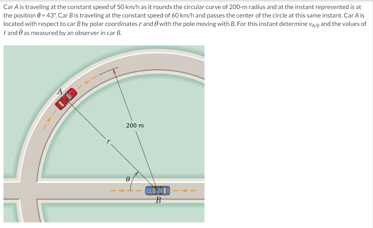 Car A is traveling at the constant speed of 50 km/h as it rounds the circular curve of 200-m radius and at the instant represented is at
the position e = 43°. Car B is traveling at the constant speed of 60 km/h and passes the center of the circle at this same instant. Car A is
located with respect to car B by polar coordinates r and O with the pole moving with B. For this instant determine va/R and the values of
i and O as measured by an observer in car B.
200 m
