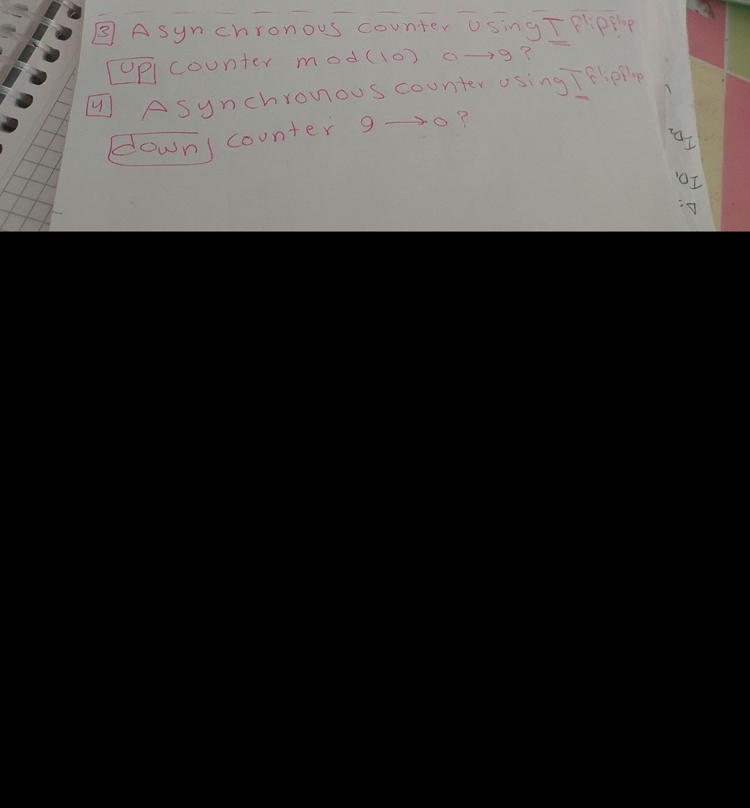 3 Asynchronous counter Using I flipper
up counter mod (10)
019?
Asynchronous counter using I flipflop
Counter 90?
down counter
'OI