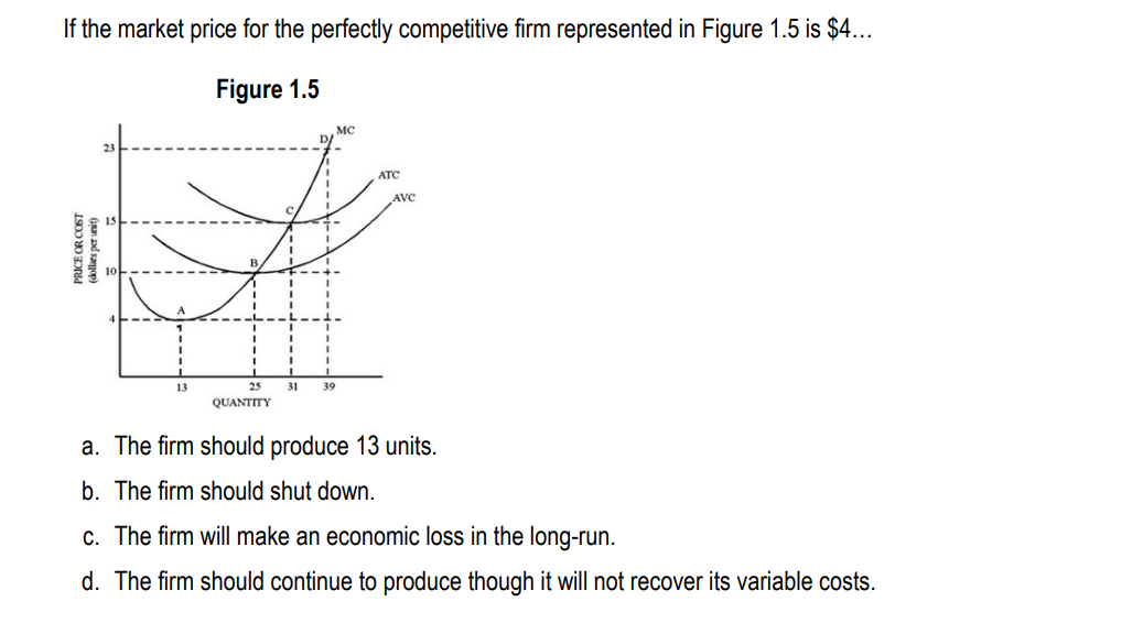 If the market price for the perfectly competitive firm represented in Figure 1.5 is $4...
Figure 1.5
PRICE OR COST
(dollars per unit)
13
T
25
QUANTITY
31
39
MC
ATC
AVC
a. The firm should produce 13 units.
b. The firm should shut down.
c. The firm will make an economic loss in the long-run.
d. The firm should continue to produce though it will not recover its variable costs.