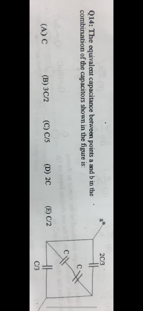 Q14: The equivalent capacitance between points a and b in the
combination of the capacitors shown in the figure is:
a
2C/3
(A) C
(В) ЗС/2
(C) C/5
(D) 2C
(E) C/2
C/3
