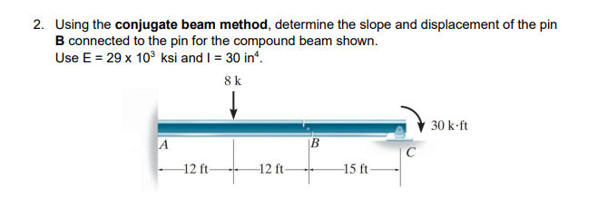 2. Using the conjugate beam method, determine the slope and displacement of the pin
B connected to the pin for the compound beam shown.
Use E = 29 x 10³ ksi and 1 = 30 in².
8 k
30 k-ft
B
-15 ft-
12 ft-
-12 ft-