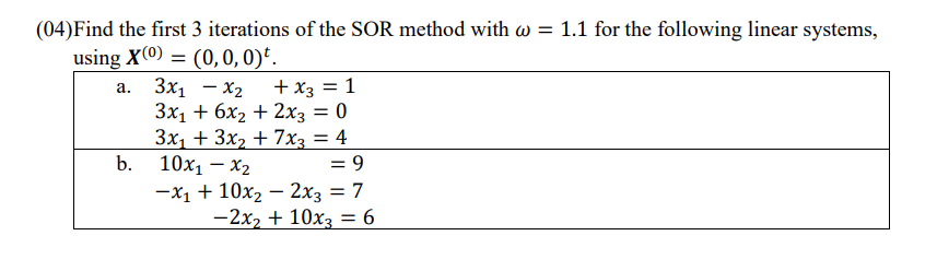 (04) Find the first 3 iterations of the SOR method with w = 1.1 for the following linear systems,
using X(0) = (0, 0, 0)t.
a.
b.
3x1 - X2
+ x3 = 1
3x1 + 6x₂ + 2x3 = 0
3x₁ + 3x₂ + 7x3 = 4
10x₁ - x₂
-x₁ + 10x₂ - 2x3 = 7
-2x₂ + 10x3 = 6
= 9