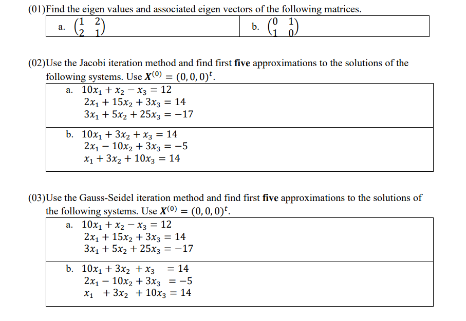 (01)Find the eigen values and associated eigen vectors of the following matrices.
1
2. (27)
a.
b. (1)
(02)Use the Jacobi iteration method and find first five approximations to the solutions of the
following systems. Use X) = (0, 0, 0)¹.
a. 10x₁ + x₂x3 = 12
2x₁ + 15x₂ + 3x3 = 14
3x₁ + 5x₂ + 25x3 = -17
b. 10x₁ + 3x₂ + x3 = 14
2x₁10x₂ + 3x3 = -5
x₁ + 3x₂ + 10x3 = 14
(03)Use the Gauss-Seidel iteration method and find first five approximations to the solutions of
the following systems. Use X(0) = (0, 0, 0)t.
a. 10x₁ + x₂x3 = 12
2x₁ + 15x₂ + 3x3 = 14
3x₁ + 5x₂ + 25x3 = -17
b. 10x₁ + 3x₂ + x3 = 14
2x₁10x₂ + 3x3 = -5
X₁ + 3x₂ +10x3 = 14