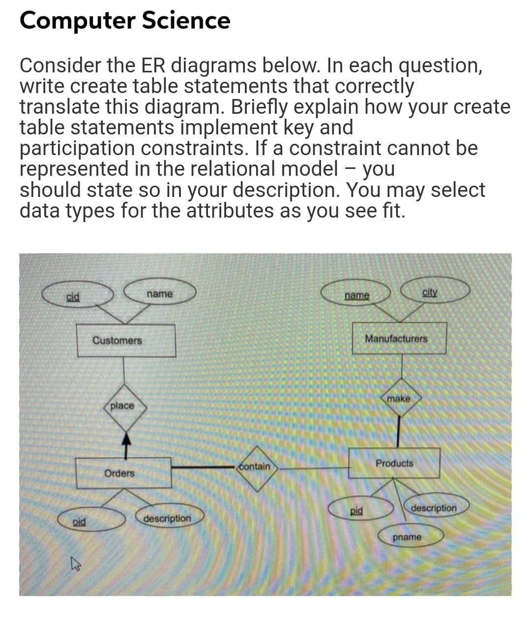 Computer Science
Consider the ER diagrams below. In each question,
write create table statements that correctly
translate this diagram. Briefly explain how your create
table statements implement key and
participation constraints. If a constraint cannot be
represented in the relational model – you
should state so in your description. You may select
data types for the attributes as you see fit.
cid
name
name
city
Customers
Manufacturers
make
place
contain
Products
Orders
pid
description
oid
description
pname
