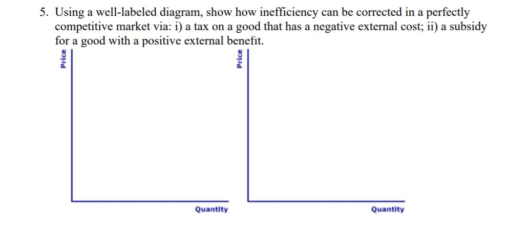 5. Using a well-labeled diagram, show how inefficiency can be corrected in a perfectly
competitive market via: i) a tax on a good that has a negative external cost; ii) a subsidy
for a good with a positive external benefit.
Price
Quantity
Price
Quantity