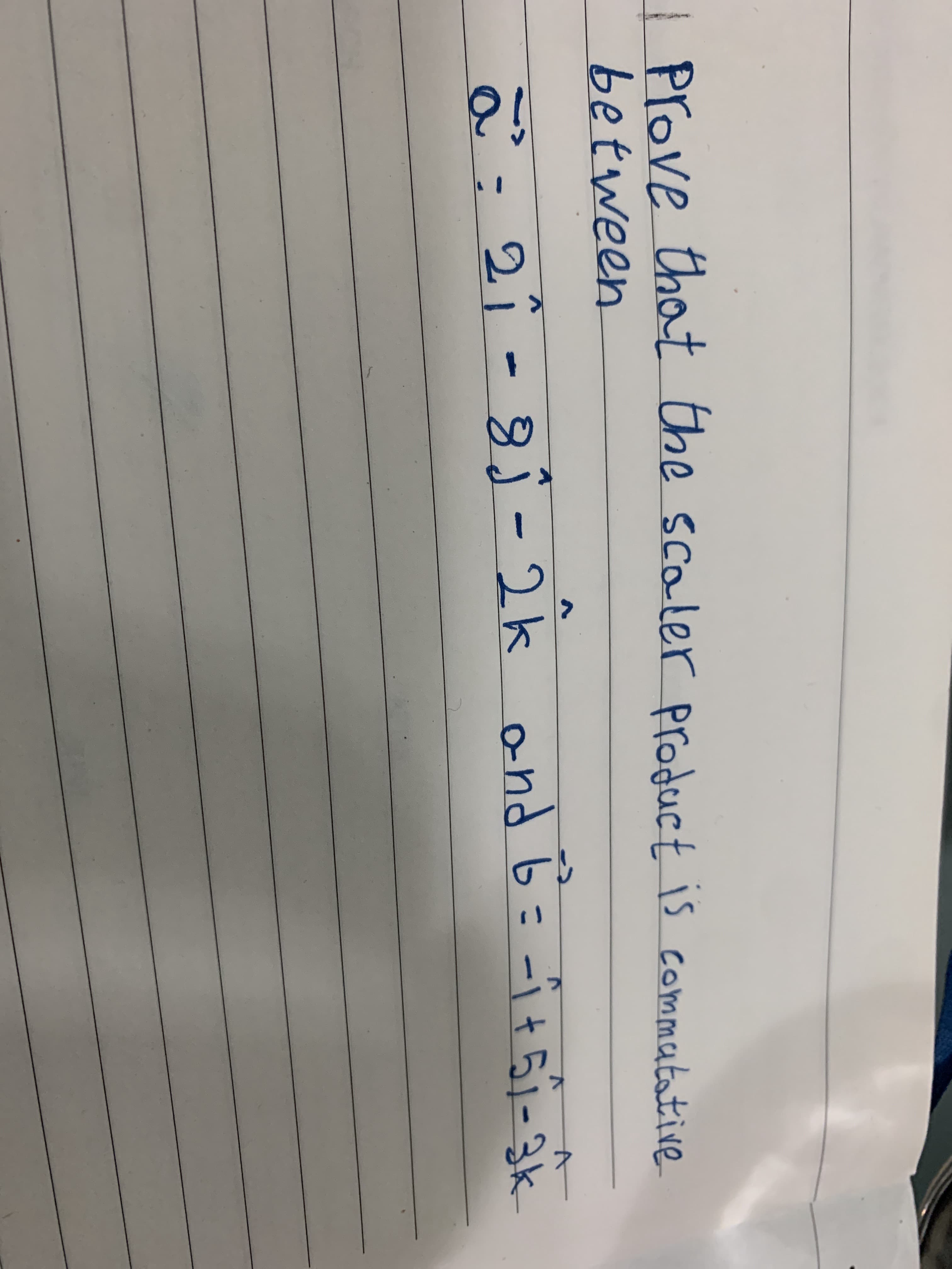 e is commatative
that the scaler product
Prove
between
?- 2î -8ĵ - 2k and b=
it 51-3k
