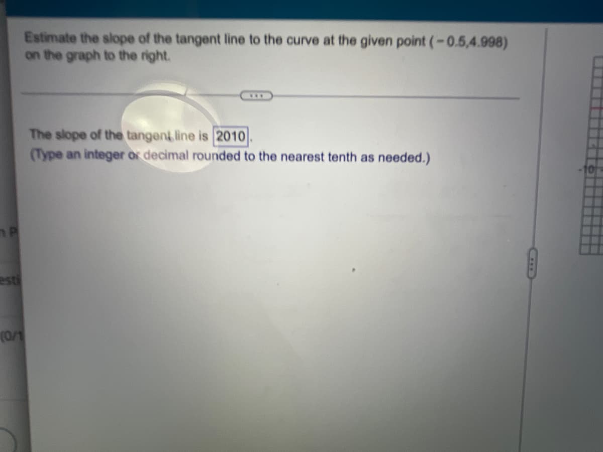 Estimate the slope of the tangent line to the curve at the given point (-0.5,4.998)
on the graph to the right.
The slope of the tangent line is 2010.
(Type an integer or decimal rounded to the nearest tenth as needed.)
P
esti
(0/1
