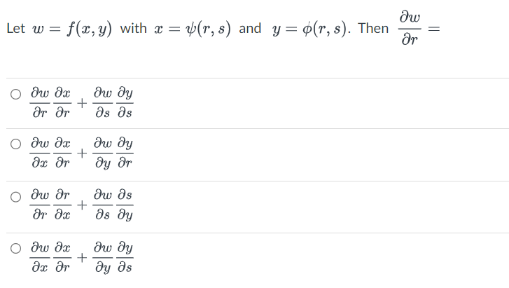 მთ
Let w = f(x, y) with x = (r, s) and y = o(r, s). Then მუ
მი_მეთ მup მყ
მუ მუ
მs მs
O მ მე
Әx ar
მu მო
მე მთ
მთ მე
Әx Or
+
+
+
+
მა მყ
ду др
მu მs
მs მყ
მup მყ
მყ მs