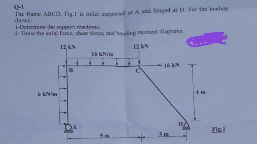 Q-1
The frame ABCD, Fig.1 is roller supported at A and hinged at D. For the loading
shown:
i-Determine the support reactions,
ii- Draw the axial force; shear force; and bending moment diagrams.
12 kN
12 kN
16 kN/m
-16 kN
B
6 kN/m
4 m
DA
Fig.1
5 m
3 m
