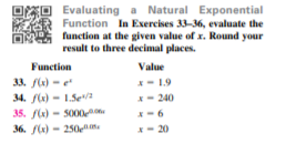 Evaluating a Natural Exponential
Function In Exercises 33-36, evaluate the
function at the given value of x. Round your
result to three decimal places.
Function
Value
*- 1.9
- 240
33. f(e) - e
34. f() - 1.Sea
35. fle) - 5000
36. f) - 250e
*- 20
