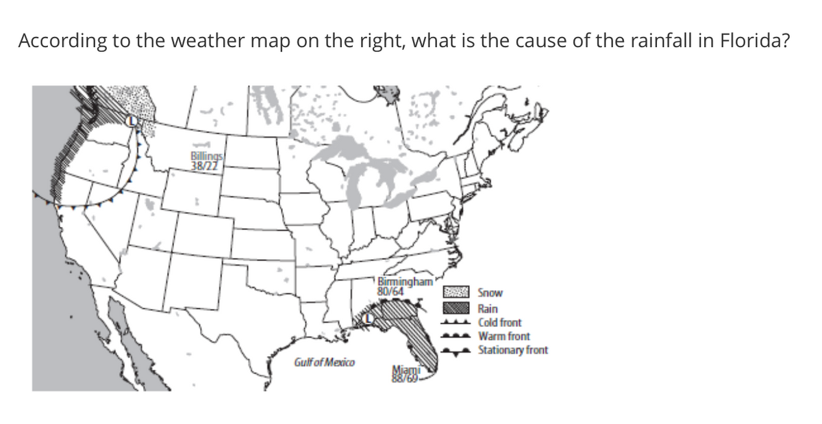 According to the weather map on the right, what is the cause of the rainfall in Florida?
Billings
38/22
Birmingham
80/64
Snow
Rain
u Cold front
- Warm front
Stationary front
Gulfof Mexico
Miami
88769
