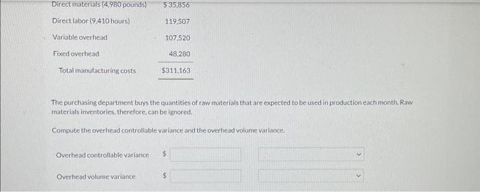 Direct materials (4,980 pounds)
Direct labor (9.410 hours)
Variable overhead i
Fixed overhead
Total manufacturing costs
$ 35,856
119,507
Overhead volume variance
107,520
$311,163
The purchasing department buys the quantities of raw materials that are expected to be used in production each month. Raw
materials inventories, therefore, can be ignored.
Compute the overhead controllable variance and the overhead volume variance.
Overhead controllable variance $
48,280
$