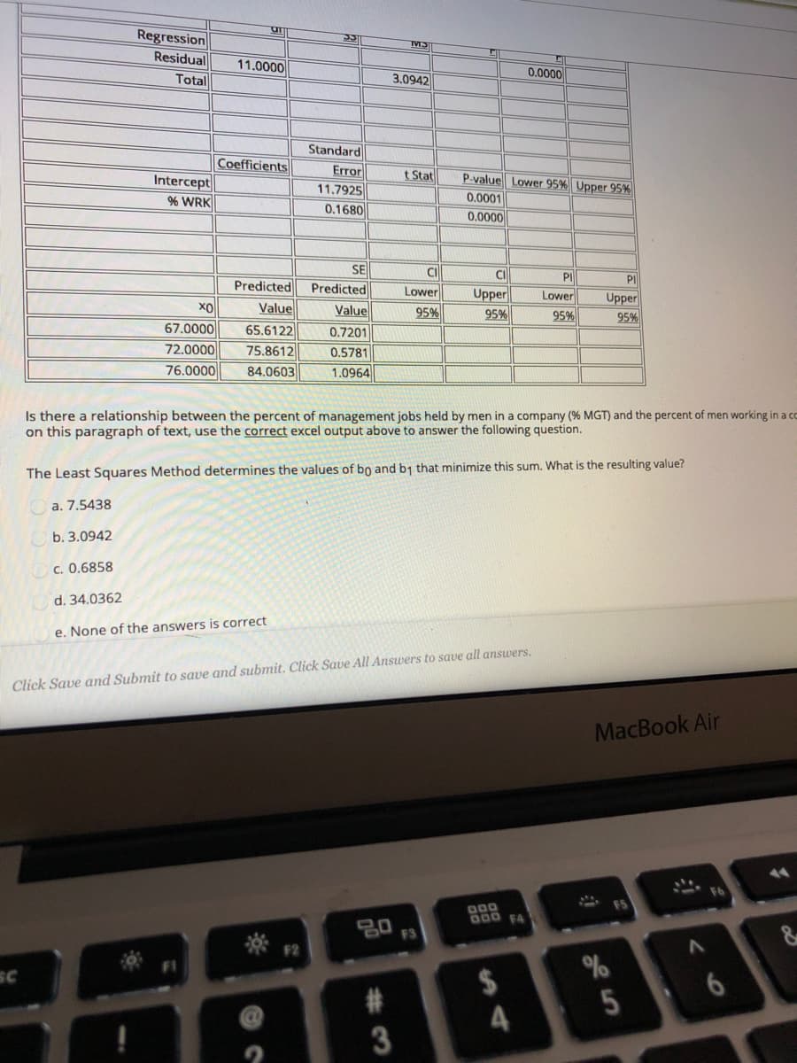 Regression
Residual
TVST
11.0000
0.0000
Total
3.0942
Standard
Coefficients
Error
11.7925
0.1680
t Stat
Intercept
% WRK
P-value Lower 95% Upper 95%
0.0001
0.0000
SE
Predicted
PI
PI
Predicted
Value
Lower
Upper
95%
Lower
Upper
95%
хо
Value
95%
95%
67.0000
72.0000
76.0000
65.6122
0.7201
75.8612
0.5781
84.0603
1.0964
Is there a relationship between the percent of management jobs held by men in a company (% MGT) and the percent of men working in a co
on this paragraph of text, use the correct excel output above to answer the following question.
The Least Squares Method determines the values of bo and bj that minimize this sum. What is the resulting value?
a. 7.5438
b. 3.0942
c. 0.6858
d. 34.0362
e. None of the answers is correct
Click Save and Submit to save and submit. Click Save All Answers to save all answers.
MacBook Air
000
D00 F4
20
F3
%2$
4
SC
23
3
