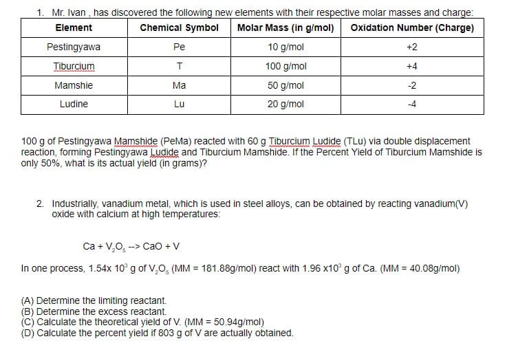 1. Mr. Ivan , has discovered the following new elements with their respective molar masses and charge:
Element
Chemical Symbol
Molar Mass (in g/mol)
Oxidation Number (Charge)
Pestingyawa
Pe
10 g/mol
+2
Tiburcium
T
100 g/mol
+4
Mamshie
Ma
50 g/mol
-2
Ludine
Lu
20 g/mol
-4
100 g of Pestingyawa Mamshide (PeMa) reacted with 60 g Tiburcium Ludide (TLu) via double displacement
reaction, forming Pestingyawa Ludide and Tiburcium Mamshide. If the Percent Yield of Tiburcium Mamshide is
only 50%, what is its actual yield (in grams)?
2. Industrially, vanadium metal, which is used in steel alloys, can be obtained by reacting vanadium(V)
oxide with calcium at high temperatures:
Ca + V,0, --> Cao + V
In one process, 1.54x 10° g of V,O, (MM = 181.88g/mol) react with 1.96 x10° g of Ca. (MM = 40.08g/mol)
(A) Determine the limiting reactant.
(B) Determine the excess reactant.
(C) Calculate the theoretical yield of V. (MM = 50.94g/mol)
(D) Calculate the percent yield if 803 g of V are actually obtained.
