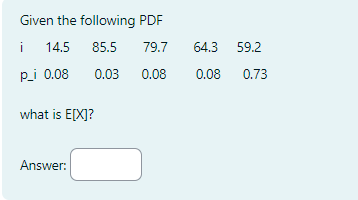 Given the
i 14.5 85.5
p_i 0.08
0.03
following PDF
79.7
0.08
what is E[X]?
Answer:
64.3 59.2
0.08 0.73