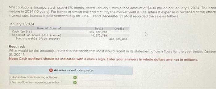 Most Solutions, Incorporated, issued 11% bonds, dated January 1, with a face amount of $400 million on January 1, 2024. The bond
mature in 2034 (10 years). For bonds of similar risk and maturity the market yield is 13%. Interest expense is recorded at the effecti
interest rate. Interest is paid semiannually on June 30 and December 31. Most recorded the sale as follows:
January 1, 2024
General Journal
Cash (price)
Discount on bonds (difference)
Bonds payable (face amount)
Debit
355,927,220
44,072,788
Cash inflow from financing activities
Cash outflow from operating activities
Credit
400,000,000
Required:
What would be the amount(s) related to the bonds that Most would report in its statement of cash flows for the year ended Decem
31, 2024?
Note: Cash outflows should be indicated with a minus sign. Enter your answers in whole dollars and not in millions.
Answer is not complete.