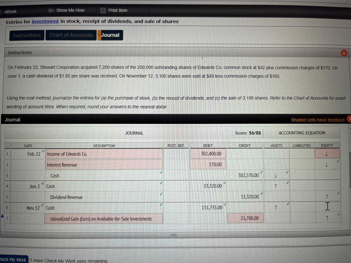 Show Me How
Entries for investment in stock, receipt of dividends, and sale of shares
eBook
Instructions
On February 22, Stewart Corporation acquired 7,200 shares of the 200,000 outstanding shares of Edwards Co. common stock at $42 plus commission charges of $170. On
June 1, a cash dividend of $1.85 per share was received. On November 12, 3,100 shares were sold at $49 less commission charges of $165.
Journal
1
Using the cost method, journalize the entries for (a) the purchase of stock, (b) the receipt of dividends, and (c) the sale of 3,100 shares. Refer to the Chart of Accounts for exact
wording of account titles. When required, round your answers to the nearest dollar.
2
3
4
Instructions Chart of Accounts !Journal
5
6
7
DATE
Feb. 22
Jun. 1
✓
Income of Edwards Co.
Interest Revenue
Print Item
Cash
Cash
Dividend Revenue
Nov. 12 Cash
DESCRIPTION
JOURNAL
Unrealized Gain (Loss) on Available-for-Sale Investments
heck My Work 1 more Check My Work uses remaining.
✓
POST. REF.
DEBIT
302,400.00
170.00
13,320.00
151,735.00
Score: 56/88
CREDIT
302,570.00
13,320.00
21,700.00
ASSETS
Į
↑
↑
ACCOUNTING EQUATION
✓
✓
Shaded cells have feedback.
LIABILITIES
X
EQUITY
↓
↓
↑
I
↑