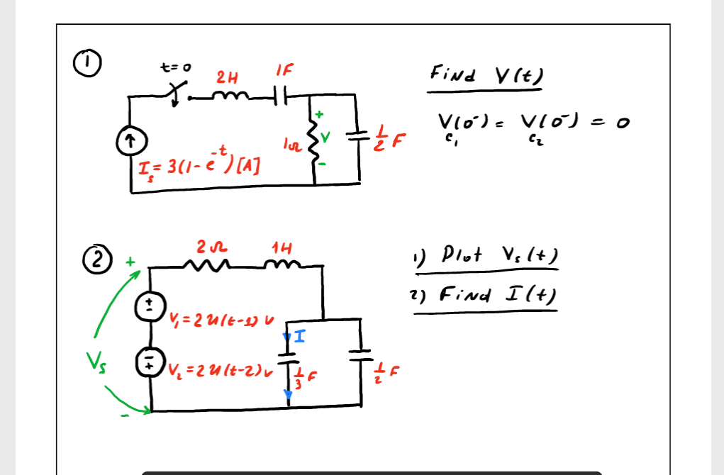 (2
t = 0
IF
2H
mit
Ir
I = 3(1-C²) [A]
Q
2√2
m
V₁=₁
14
√√₁₂ =22(t-2) v
I
Be
Find V(t)
=/F V10²) = V10²) = o
화
C₁
LE
1) Plot Vs (+)
2) Find
I (+)