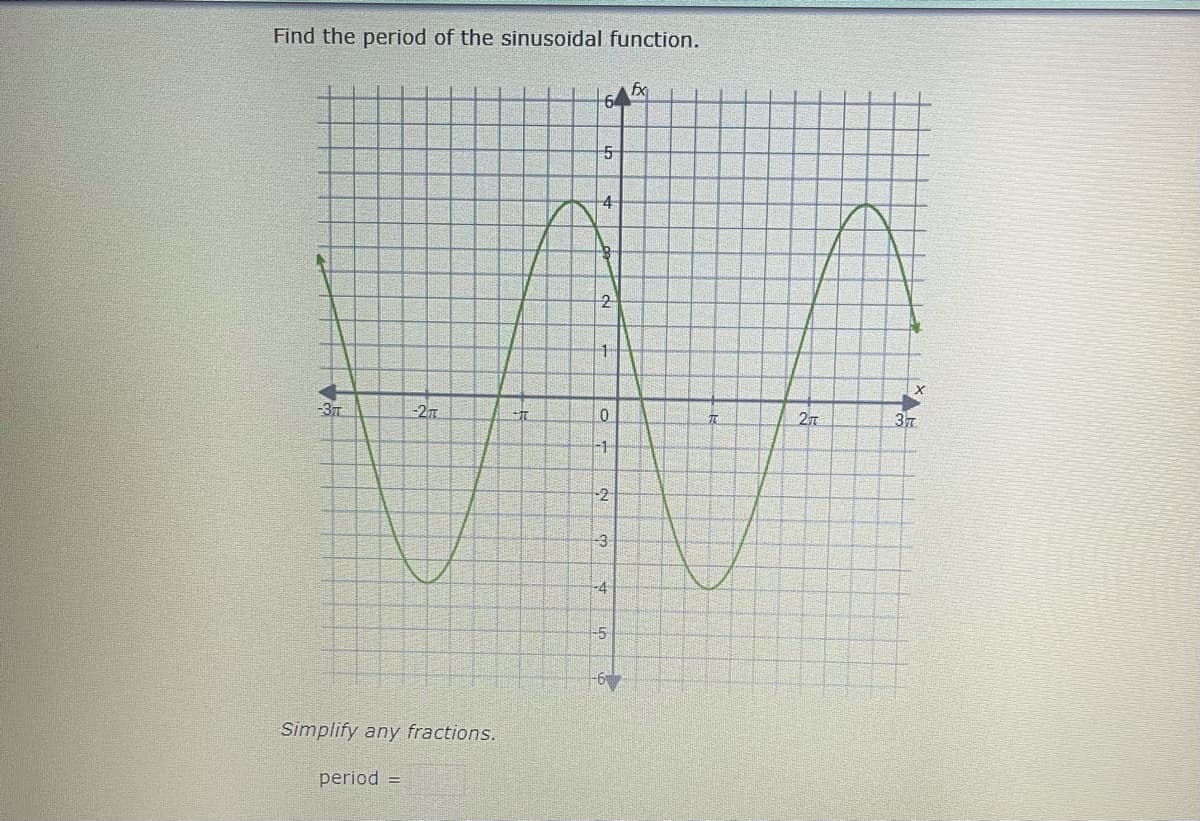 Find the period of the sinusoidal function.
64
-4
2
-3T
-27
27
-1
-2
-3
-4
-5
Simplify any fractions.
period =
