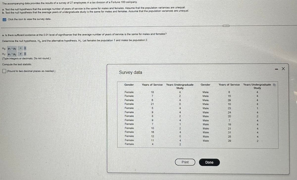 The accompanying data provides the results of a survey of 27 employees in a tax division of a Fortune 100 company.
a. Test the null hypothesis that the average number of years of service is the same for males and females. Assume that the population variances are unequal.
b. Test the null hypothesis that the average years of undergraduate study is the same for males and females. Assume that the population variances are unequal
Click the icon to view the survey data.
a. Is there sufficient evidence at the 0.01 level of significance that the average number of years of service is the same for males and females?
Determine the null hypothesis, H. and the alternative hypothesis. H Let females be population 1 and males be population 2
Ho H1 H2
=
0
HH-H
#
0
(Type integers or decimals. Do not round.)
Compute the test statistic
(Round to two decimal places as needed.)
Survey data
Gender
Years of Service
Years Undergraduate
Study
Gender
Years of Service
Years Undergraduate
Study
Female
18
4
Male
6
4
Female
7
Male
15
4
Female
8
4
Male
28
4
Female
21
0
Male
10
4
Female
5
4
Male
23
1
Female
9
4
Male
24
4
Female
8
2
Male
20
2
Female
9
4
Male
7
4
Female
7
1
Male
19
4
Female
10
2
Male
21
Female
18
4
Male
31
Female
12
0
Male
25
Female
11
4
Male
28
4 4 4 2
Female
4
2
Print
Done
X