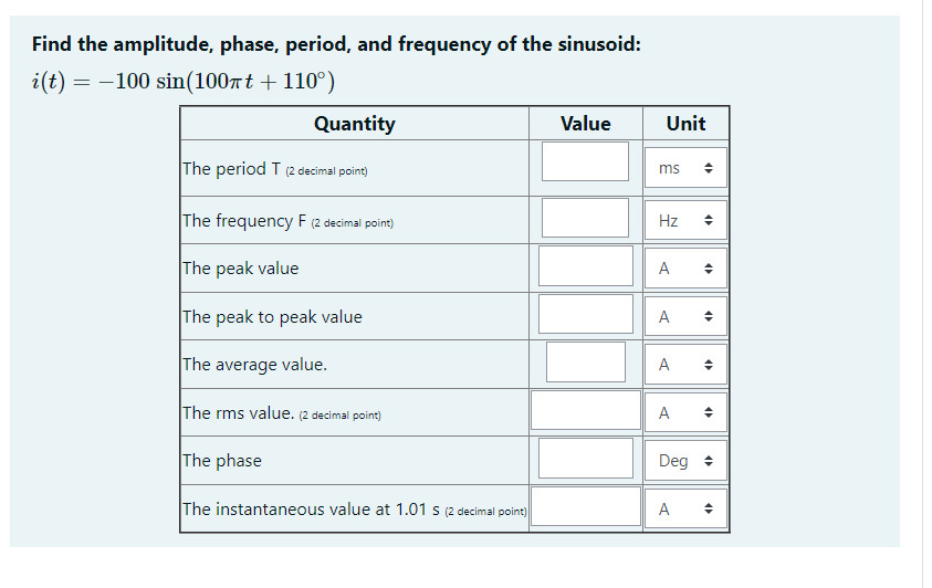 Find the amplitude, phase, period, and frequency of the sinusoid:
i(t) = 100 sin(100πt +110°)
Quantity
The period T (2 decimal point)
The frequency F (2 decimal point)
The peak value
The peak to peak value
The average value.
The rms value. (2 decimal point)
The phase
The instantaneous value at 1.01 s (2 decimal point)
Value
Unit
ms
Hz
A
A
A
A
Deg
A
◆
<
4
+
45